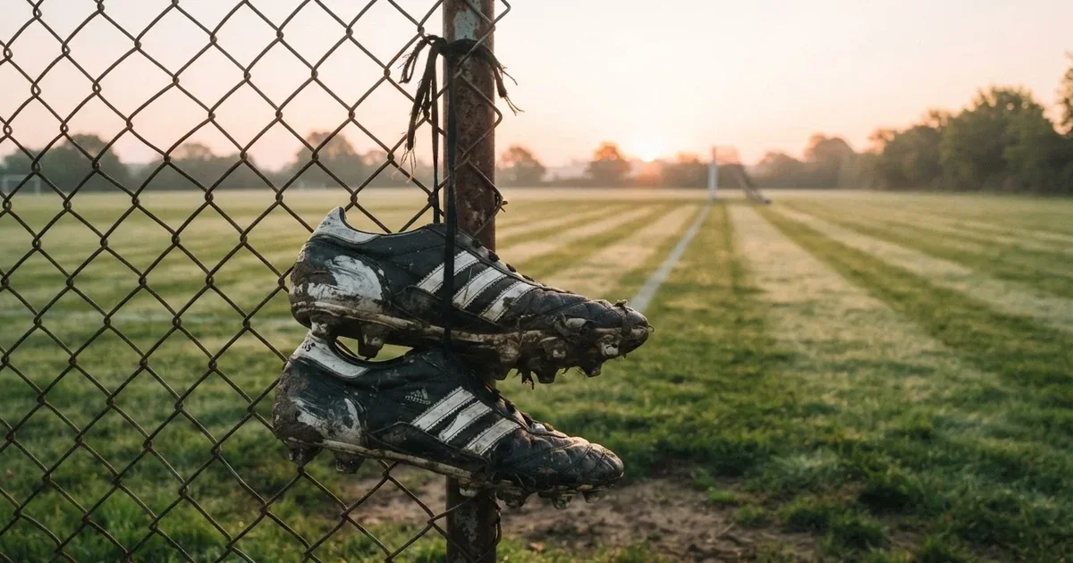 Znoszone buty piłkarskie zawieszone za sznurówki na drucianym płocie na skraju boiska treningowego o wschodzie słońca.