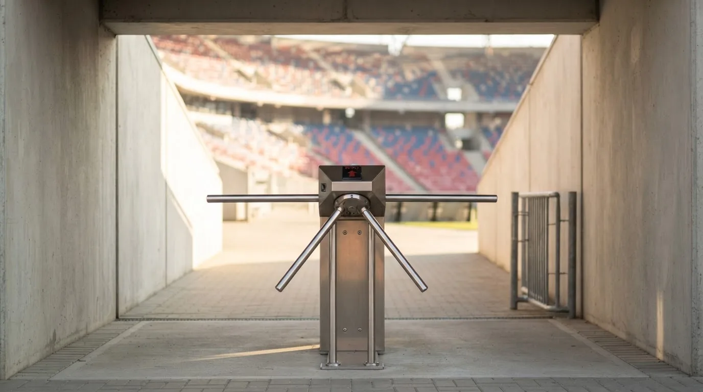Metalowa bramka obrotowa przy pustym wejściu na stadion w świetle dziennym, pręty łapią blask słońca.