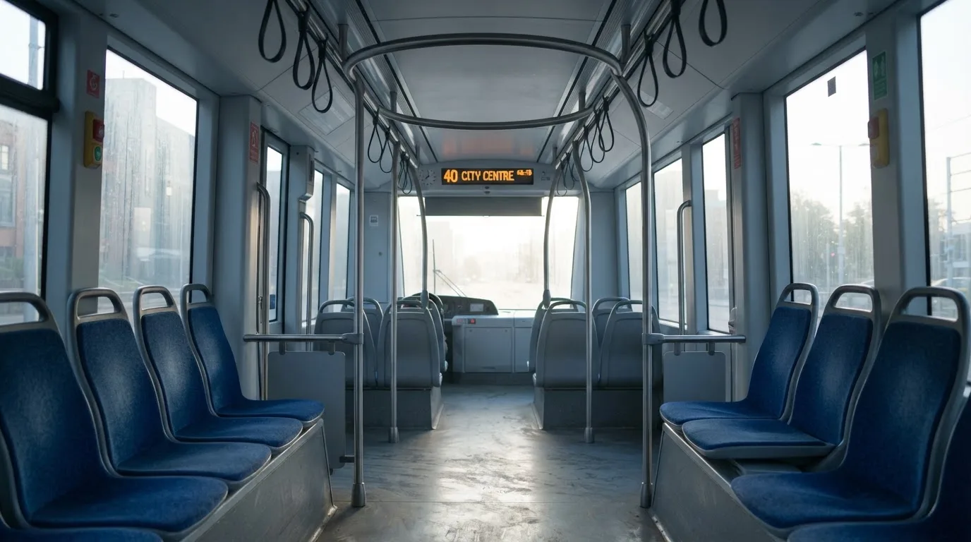 Wnętrze pustego tramwaju z rzędami siedzeń i poręczą w porannym świetle.