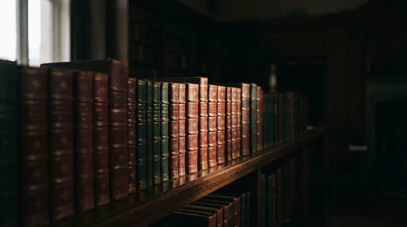 Regał z zamkniętymi książkami w skórzanych oprawach w cichej bibliotece, światło pada z boku.