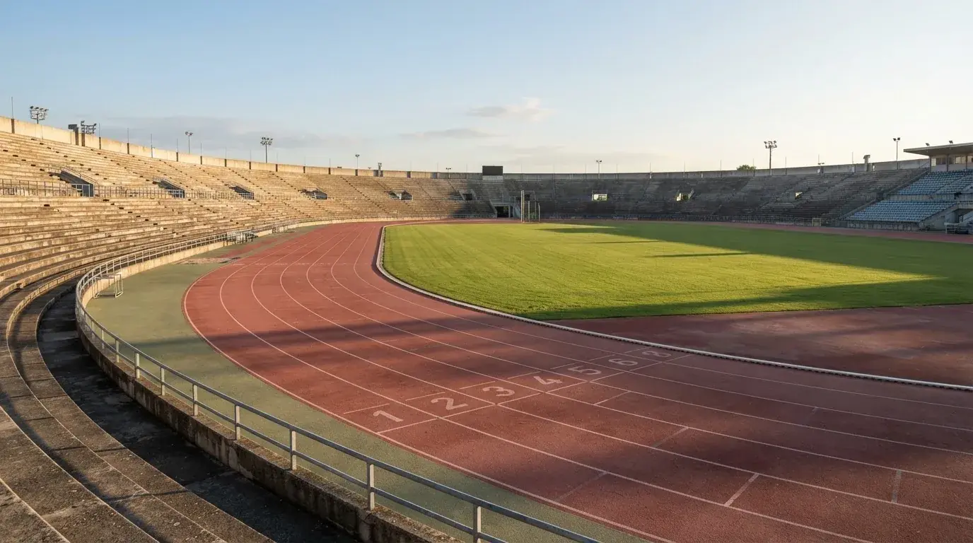 Bieżnia lekkoatletyczna wygięta w łuk pustego stadionu w porannym słońcu.