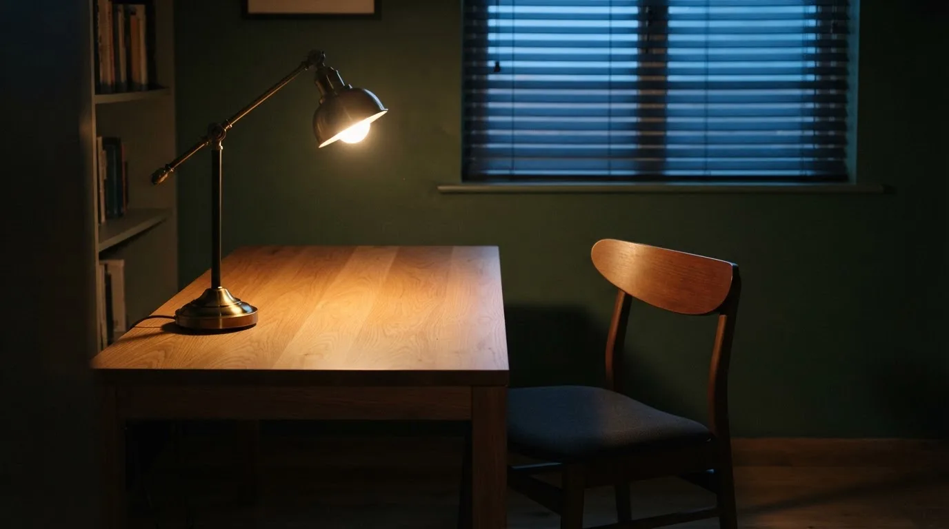 Lampa biurkowa świecąca na pustym drewnianym biurku w cichym gabinecie wieczorem, obok puste krzesło.