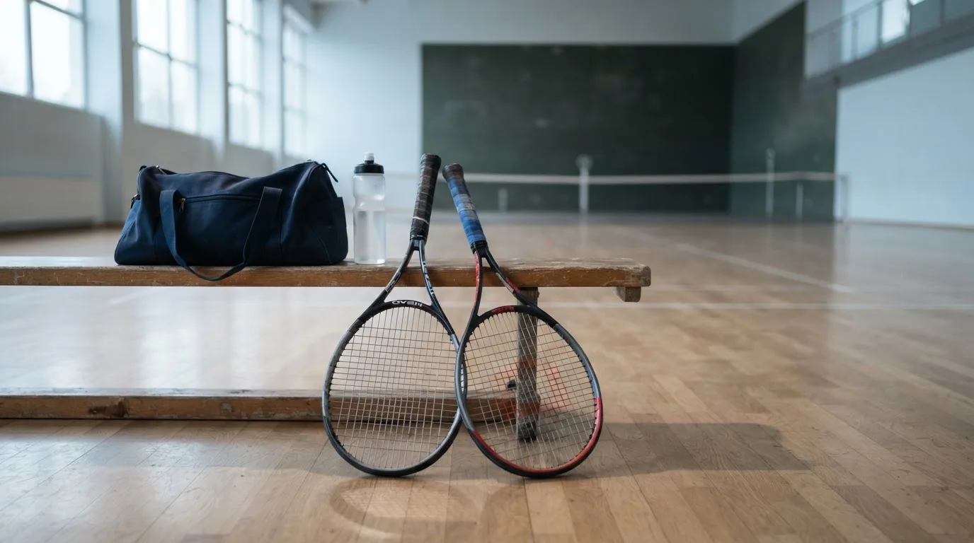 Dwie rakiety tenisowe oparte o ławkę obok sportowej torby i butelki wody w pustej hali treningowej.